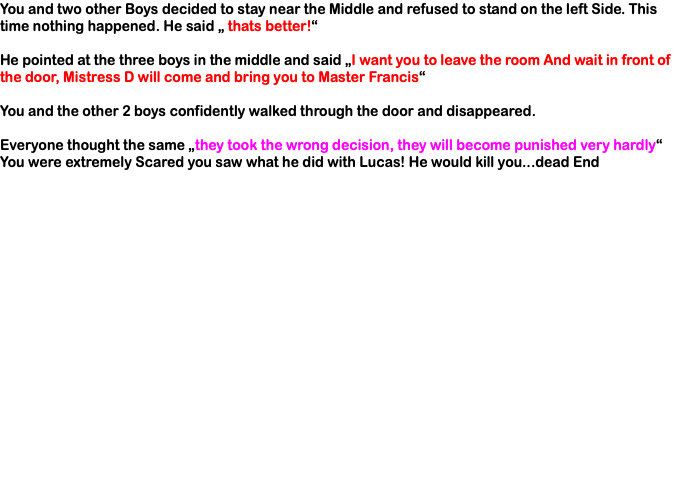 You and two other Boys decided to stay near the Middle and refused to stand on the left Side. This time nothing happened. He said „ thats better!“ He pointed at the three boys in the middle and said „I want you to leave the room And wait in front of the door, Mistress D will come and bring you to Master Francis“ You and the other 2 boys confidently walked through the door and disappeared. Everyone thought the same „they took the wrong decision, they will become punished very hardly“ You were extremely Scared you saw what he did with Lucas! He would kill you...dead End